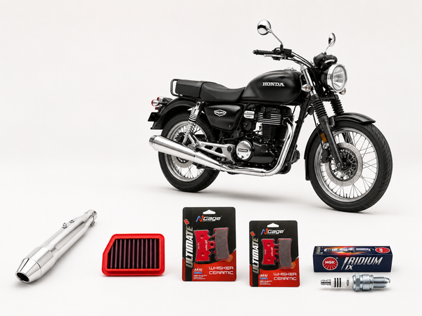 Rawtorque CB350 Stage 1 Package shown with a Honda H'ness CB350: Red Rooster Pegasus exhaust, BMC air filter, NGK iridium spark plug and NGage ceramic brake pads