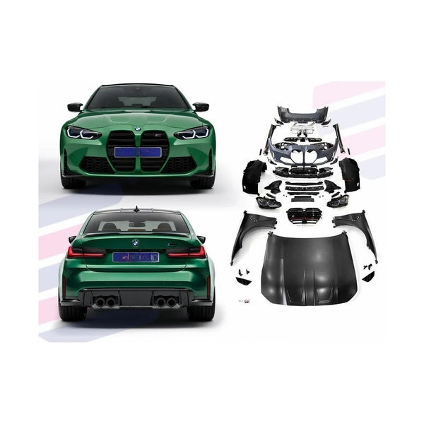 BMW 3 Series F30 to G80 M3 LCI conversion body kit components with converted car views