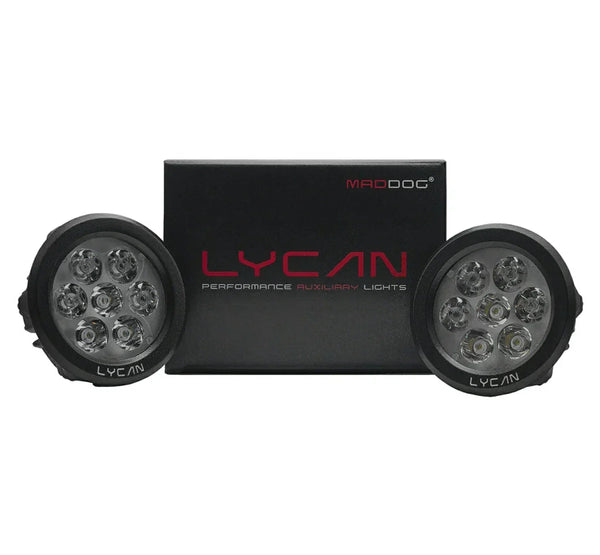 Maddog Lycan performance auxiliary lights in black aluminum housing with dual spot and flood beam setup.