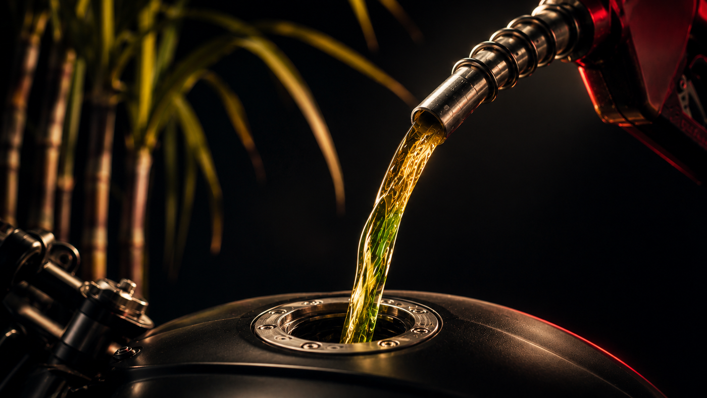 Amber petrol pouring from a fuel nozzle with a pale green ethanol swirl blending in, sugarcane stalks behind, representing E20 blended petrol in India