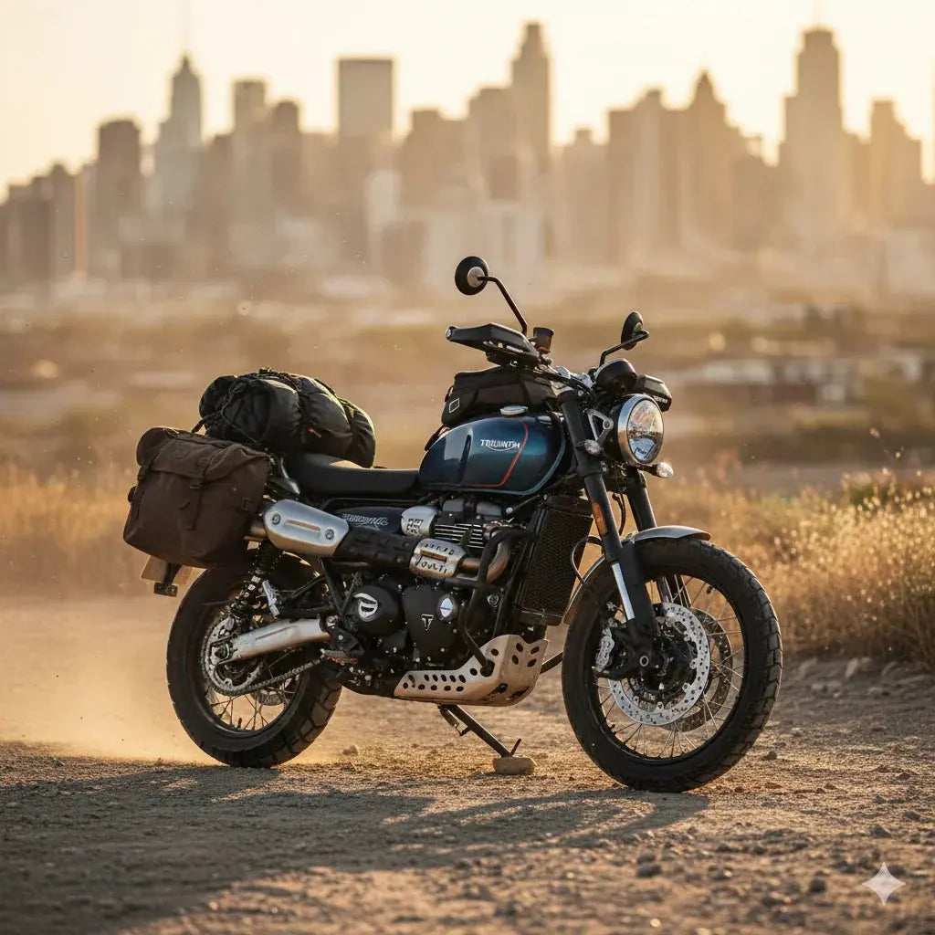 Adventure motorcycle with saddlebags on dirt road, city skyline in background at sunset, RawTorque