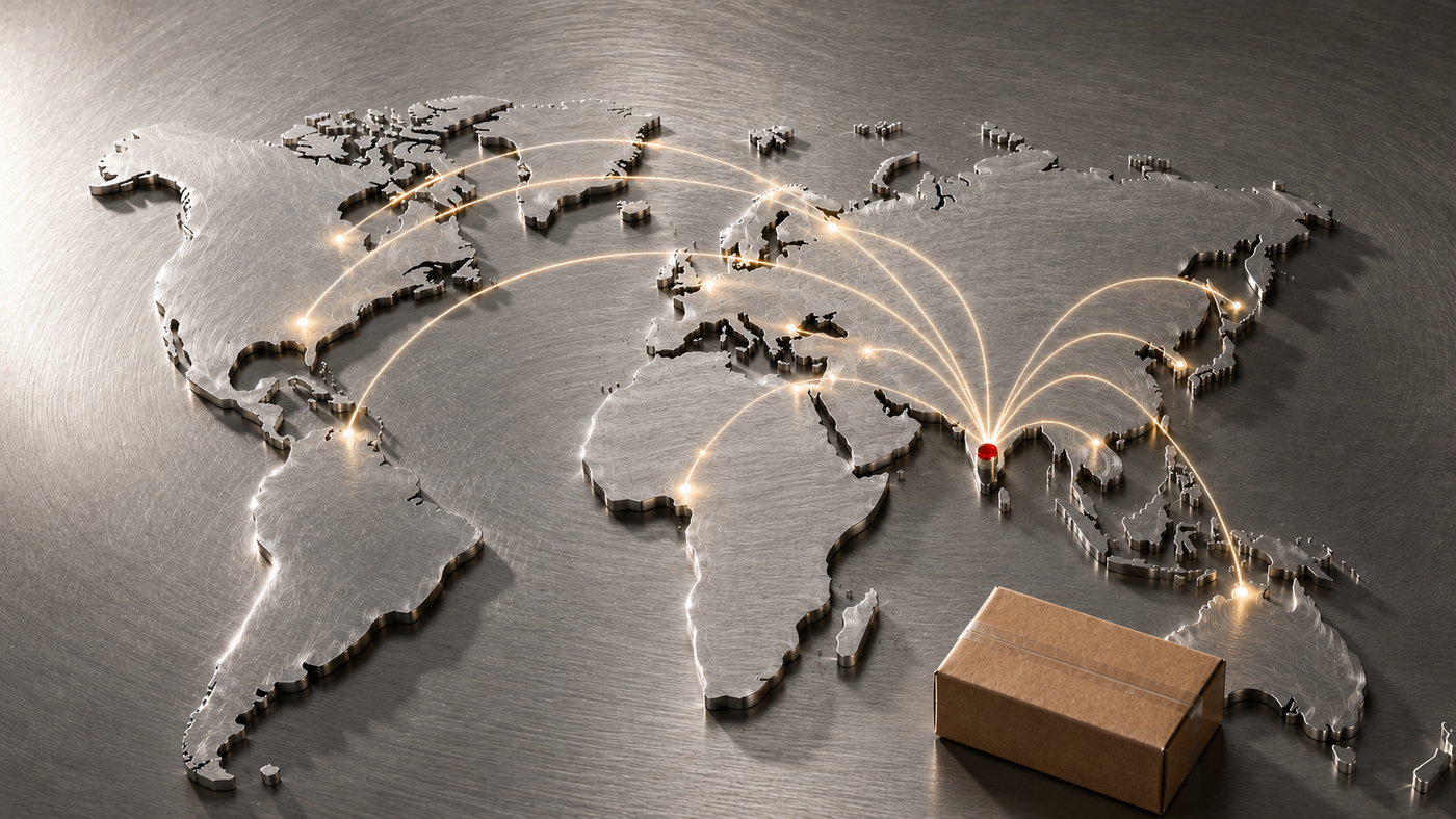 Brushed metal relief world map with shipping routes radiating from India and an export parcel