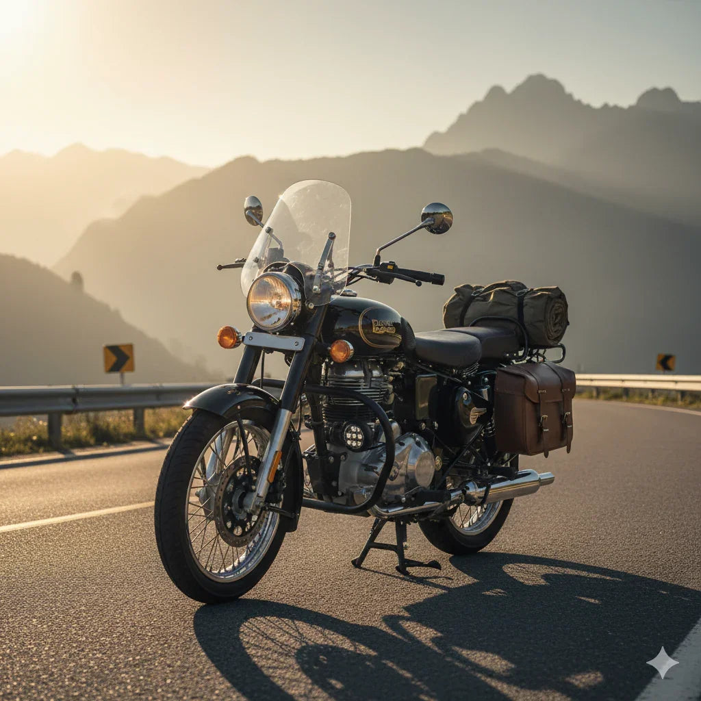 Classic motorcycle with saddlebags parked on a mountain road at sunset, Rawtorque style