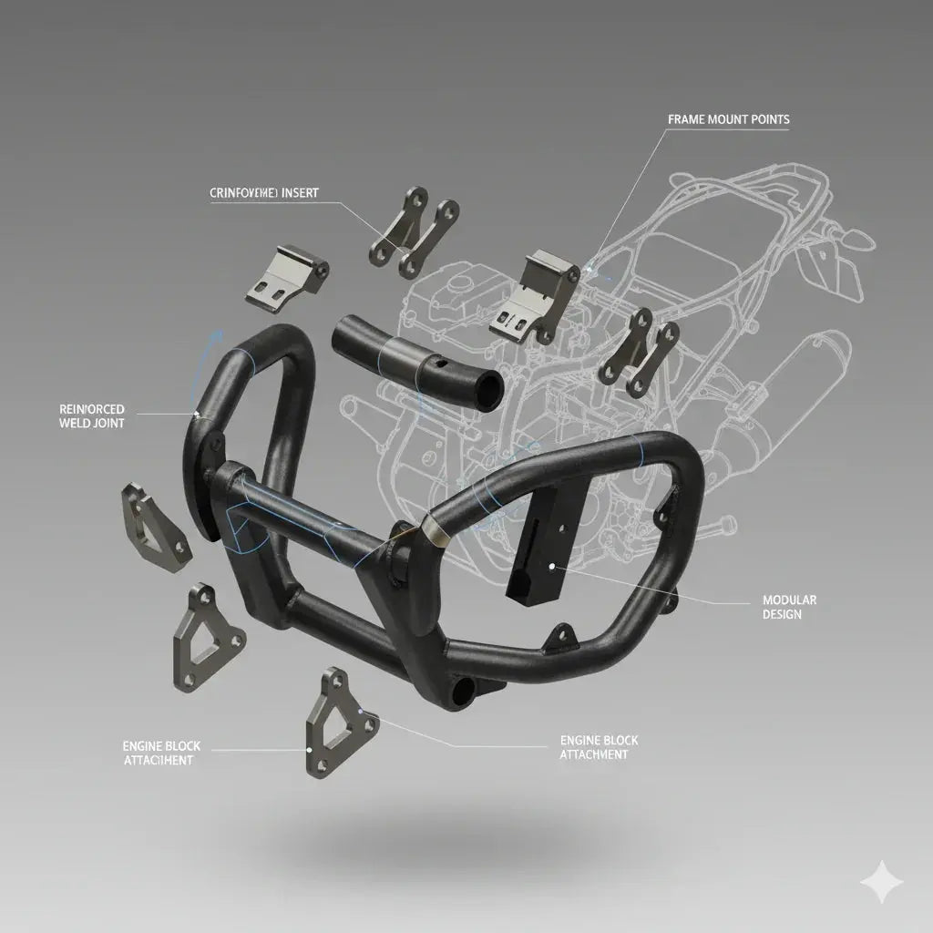 Exploded view of modular motorcycle crash bar with labeled attachment points and weld joints, Rawtorque performance part.