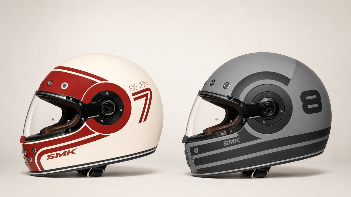 SMK Retro Seven and Retro Ranko retro full-face helmets side by side in profile