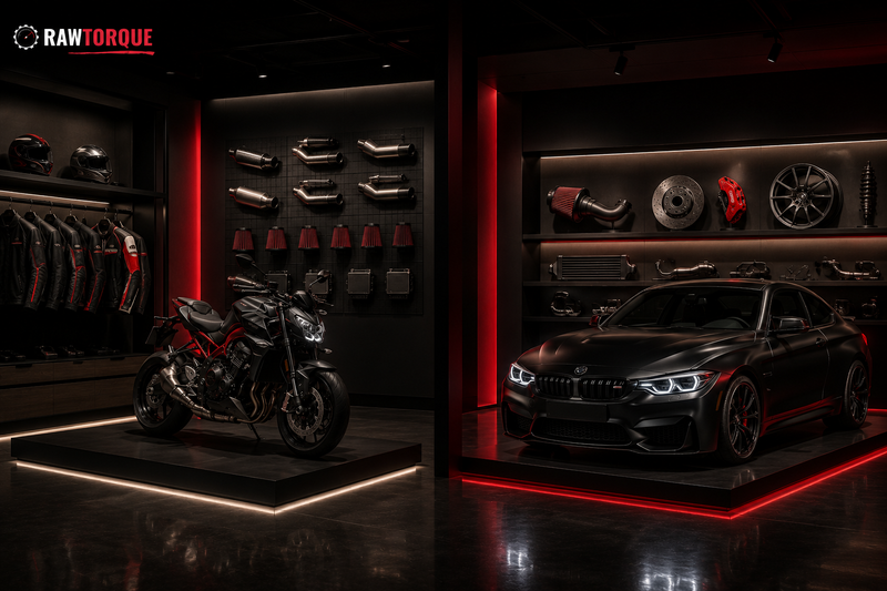 Rawtorque sleek automotive and motorcycle showroom