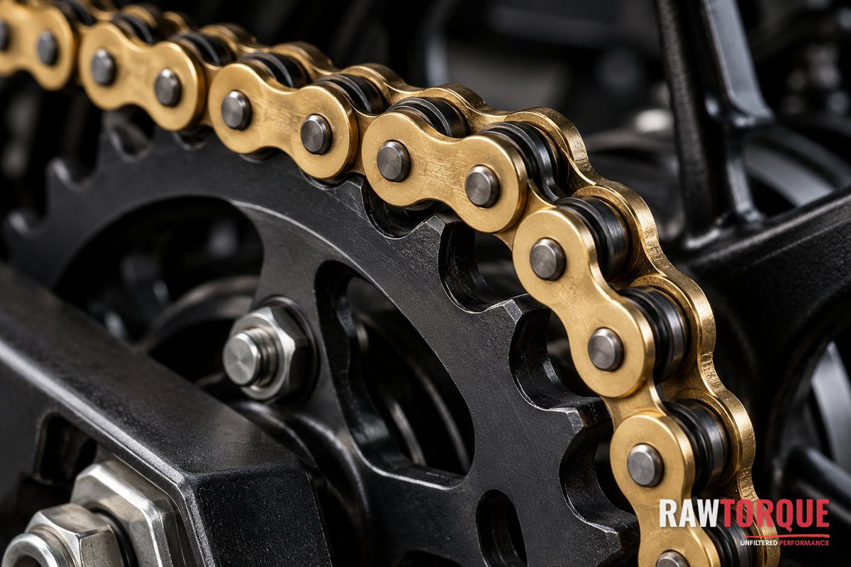 Close-up of a gold brass-plated motorcycle chain on a black rear sprocket