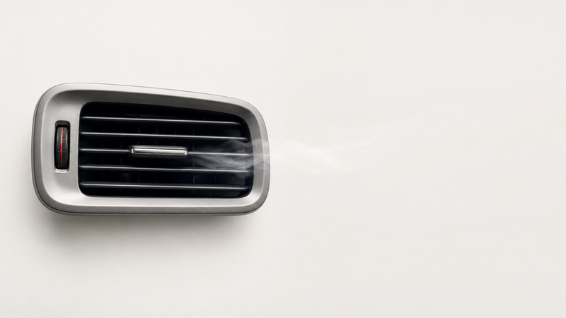 Car dashboard air conditioning vent on a bone white background with a faint wisp of cool vapour drifting from the louvres