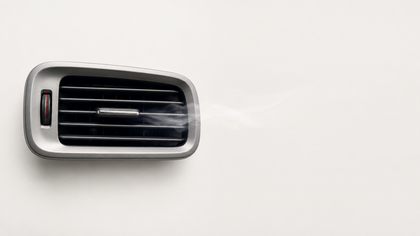 Car dashboard air conditioning vent on a bone white background with a faint wisp of cool vapour drifting from the louvres
