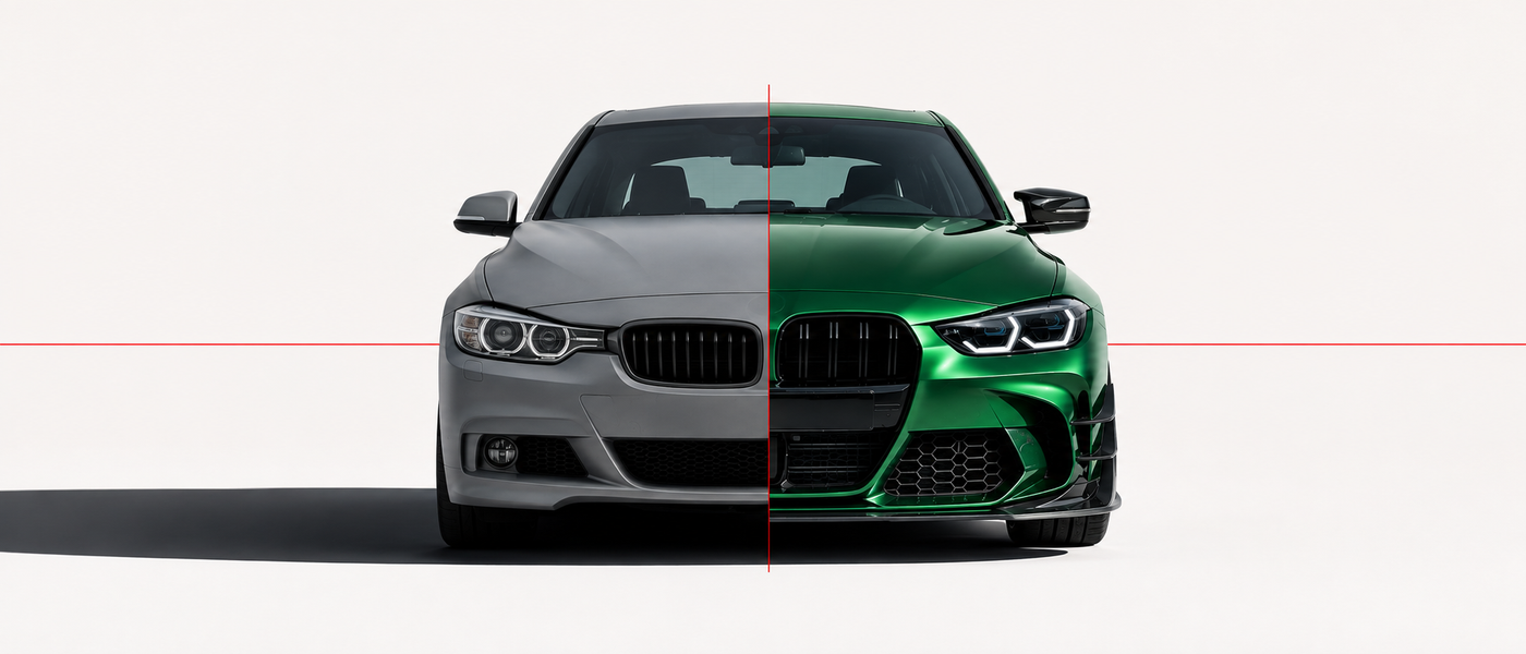 BMW F30 3 Series split down the centreline, stock grey front end on the left and a G80 M3 conversion body kit front end in racing green on the right