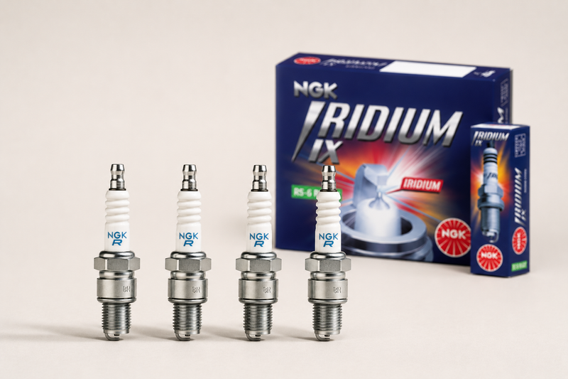 Set of four NGK iridium spark plugs for a car with NGK Iridium IX boxes behind