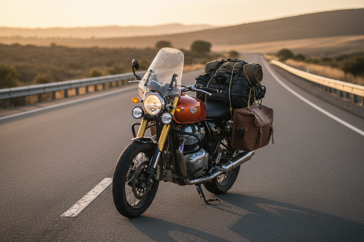 Royal Enfield Interceptor 650 touring setup with windscreen, panniers and luggage on open highway