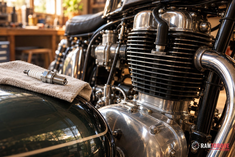 Classic single-cylinder motorcycle engine with a spark plug cap on the cylinder head and a new iridium spark plug resting on a rag