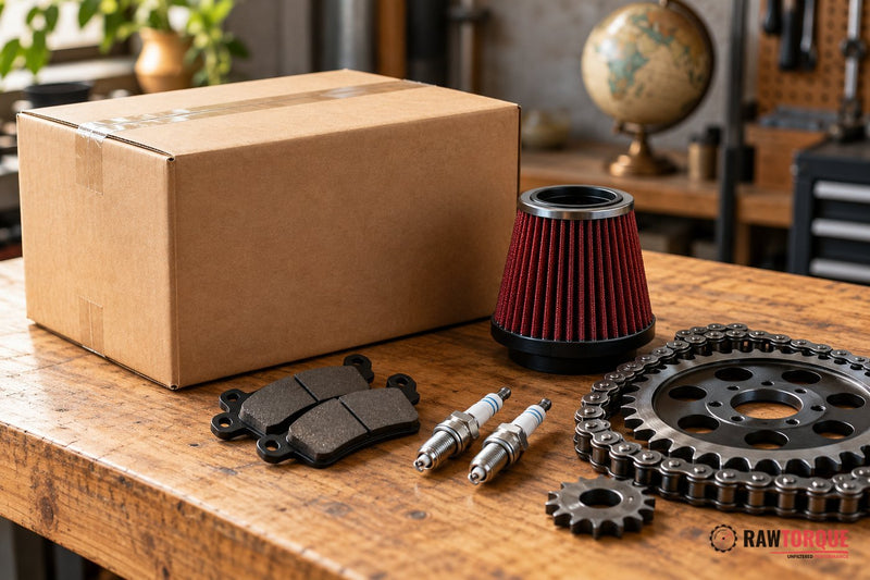 Sealed shipping carton on a workshop bench beside a cone air filter, brake pads, spark plugs and a chain and sprocket kit, with a globe behind