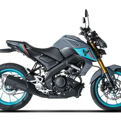 Gray and teal Yamaha naked motorcycle with gold front forks, showcased for Rawtorque performance parts