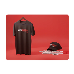 RawTorque black t-shirt, cap, and stickers displayed on red background, automotive brand merchandise