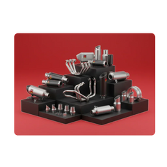 Performance exhaust parts and headers by Rawtorque displayed on black platforms, red background.