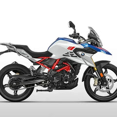 BMW adventure motorcycle side view, sporty design with blue, white, and red accents, RawTorque performance parts