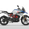 BMW adventure motorcycle side view, sporty design with blue, white, and red accents, RawTorque performance parts