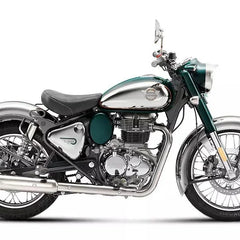 Royal Enfield Classic motorcycle with chrome and green accents for performance upgrades by RawTorque