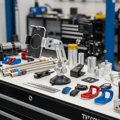 RawTorque accessories and mounts display with phone holder, camera mount, anodized parts on workshop table