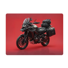 Rawtorque adventure motorcycle with touring luggage on red background, performance parts focus