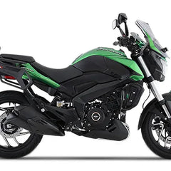 Green and black naked motorcycle in profile on white background, RawTorque premium parts theme