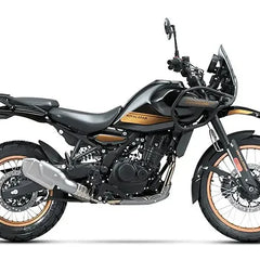 Black and gold Royal Enfield Himalayan adventure motorcycle featuring rugged design, spoked wheels, and engine guard, ideal for RawTorque performance upgrades.