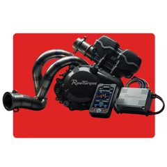 RawTorque premium automotive and motorcycle performance parts, tuning system, carbon fiber components and diagnostic device on red background.