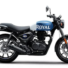 Side view of a blue and white Royal Enfield Hunter motorcycle, designed for motorcycle performance upgrades by RawTorque.