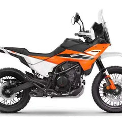 KTM 390 Adventure 2025 motorcycle profile with orange, black, and white body on white background