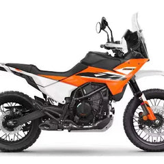 KTM 390 Adventure 2025 motorcycle profile with orange, black, and white body on white background