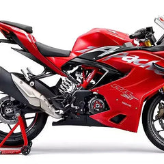 Red sport motorcycle on stand, Rawtorque performance parts, premium engineering upgrades