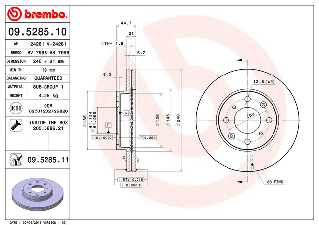 Brembo 09528511 Front Brake Disc - official Brembo product image