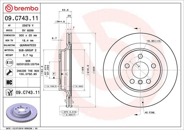 Brembo 09C74311 Rear Brake Disc - official Brembo product image