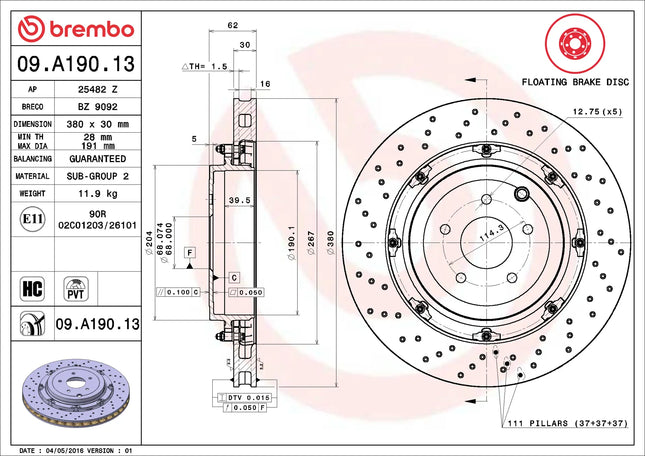Brembo 09A19013 Rear Brake Disc - official Brembo product image