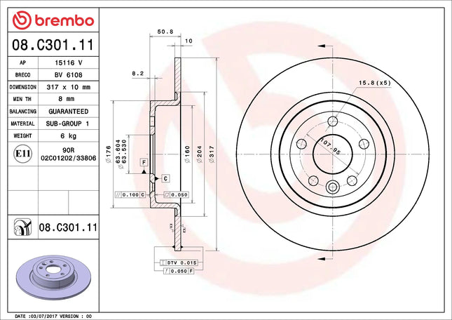 Brembo 08C30111 Rear Brake Disc - official Brembo product image