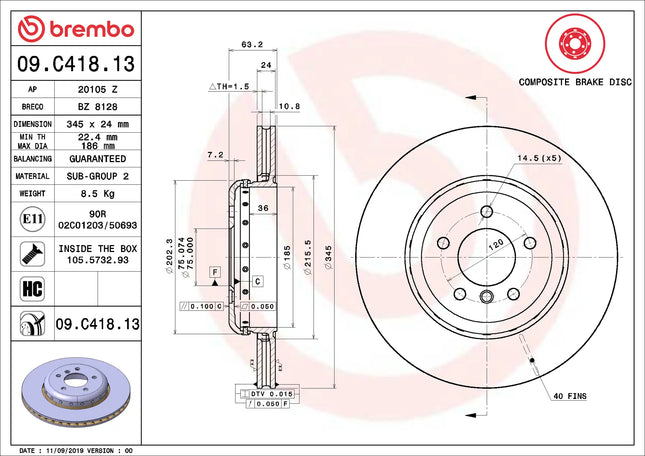Brembo 09C41813 Rear Brake Disc - official Brembo product image