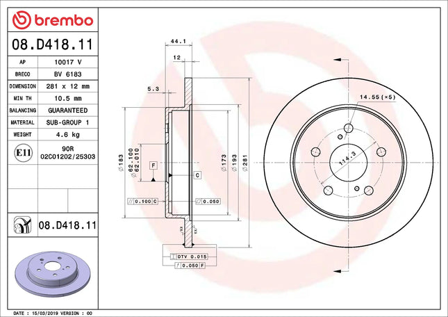 Brembo 08D41811 Rear Brake Disc - official Brembo product image