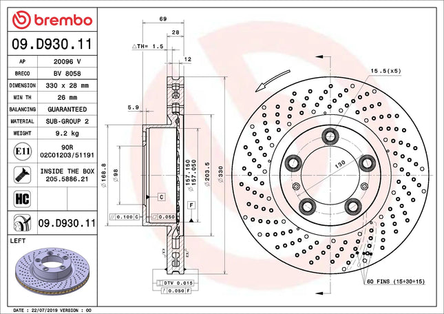 Brembo 09D93011 Front Brake Disc - official Brembo product image