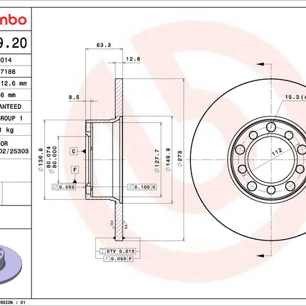 Brembo 08.3189.20 technical drawing - 278x12.6mm 5-hole front brake disc specifications