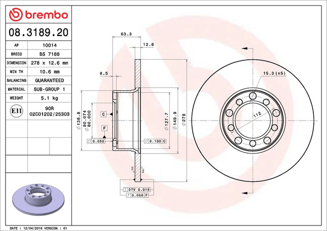Brembo 08.3189.20 technical drawing - 278x12.6mm 5-hole front brake disc specifications