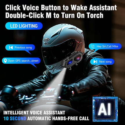 EDYELL C8 Motorcycle Bluetooth Headset with LED Emergency Light, IP67 Waterproof, Type-C Fast Charging, 800mAh Battery, Dual Earphone V5.3 | Compatible with All Helmets EDYELL