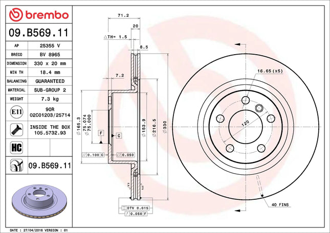 Brembo 09B56911 Rear Brake Disc - official Brembo product image