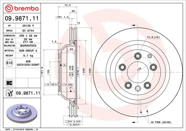 Brembo 09987111 Rear Brake Disc - official Brembo product image