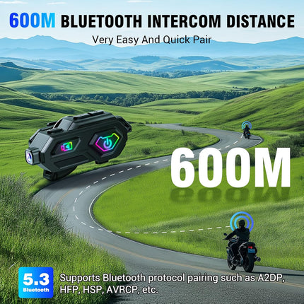 EDYELL C8 Max Motorcycle Bluetooth Intercom Headset | LED Emergency Lights | HiFi Stereo Sound | 600m Range | HD Camera & FM Radio | IPX6 Waterproof | Compatible with All Helmets EDYELL