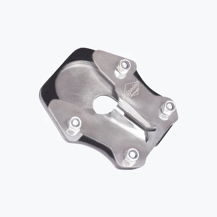 LCB Calx Side Stand Base for KTM Adventure 390 – stainless steel wide foot support plate for stability on uneven surfaces.
