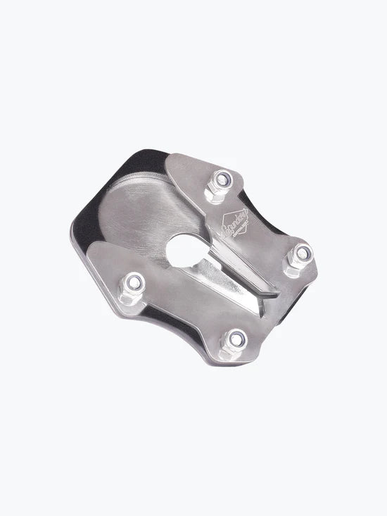 LCB Calx Side Stand Base for KTM Adventure 390 – stainless steel wide foot support plate for stability on uneven surfaces.