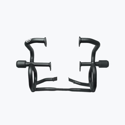 Black matte motorcycle crash bars with mounts, designed for engine protection and enhanced durability