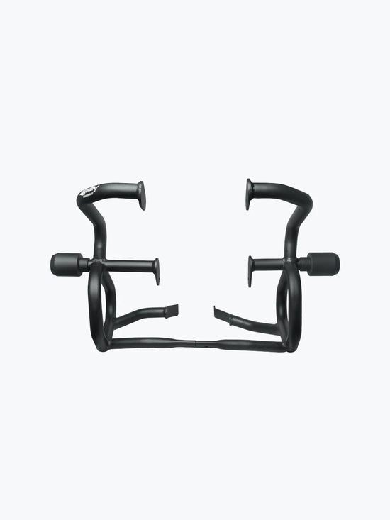 Black matte motorcycle crash bars with mounts, designed for engine protection and enhanced durability